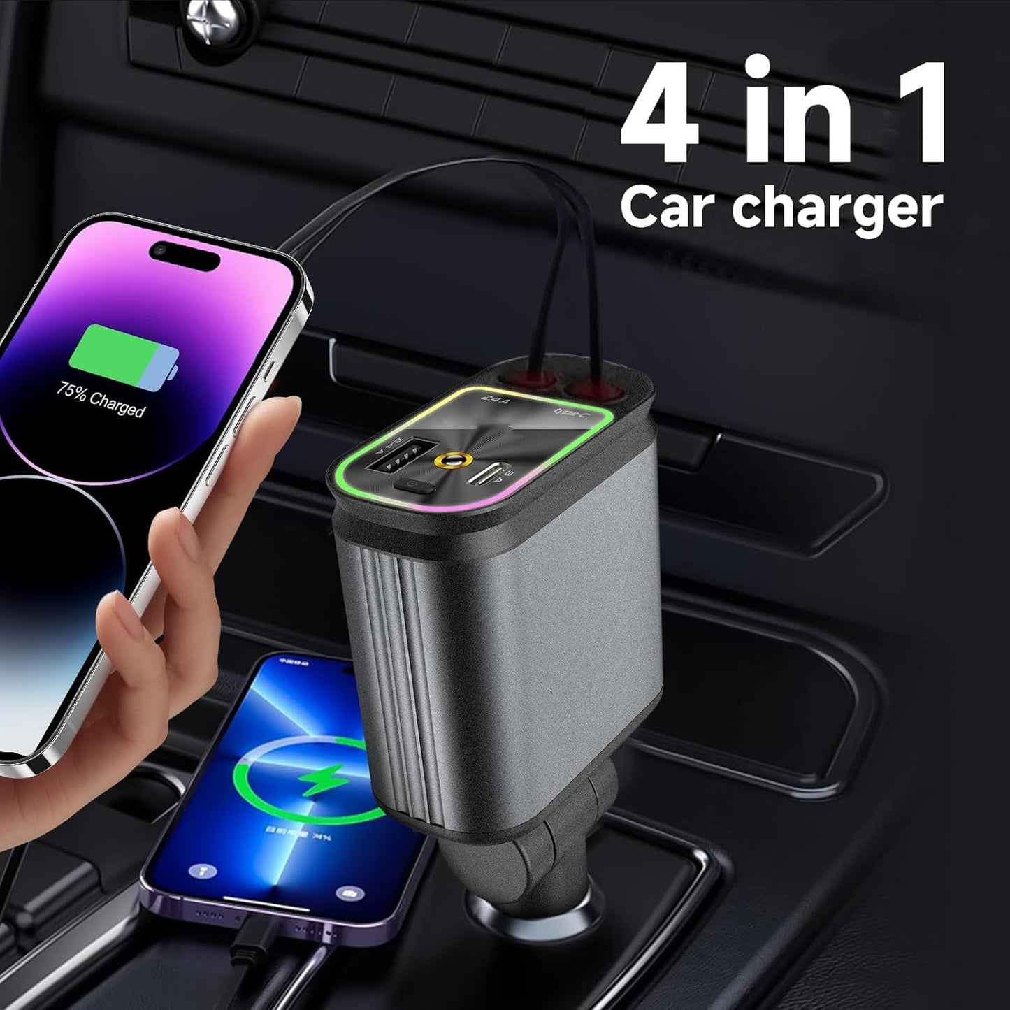 Retractable 4 in 1 Fast Car Charger (USB Type C and Type A) | Starlight Projection on Car Roof | Compatible with All iPhone and Android Phones |