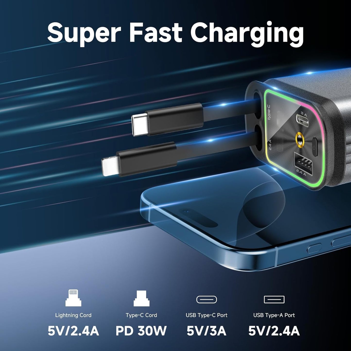 Retractable 4 in 1 Fast Car Charger (USB Type C and Type A) | Starlight Projection on Car Roof | Compatible with All iPhone and Android Phones |